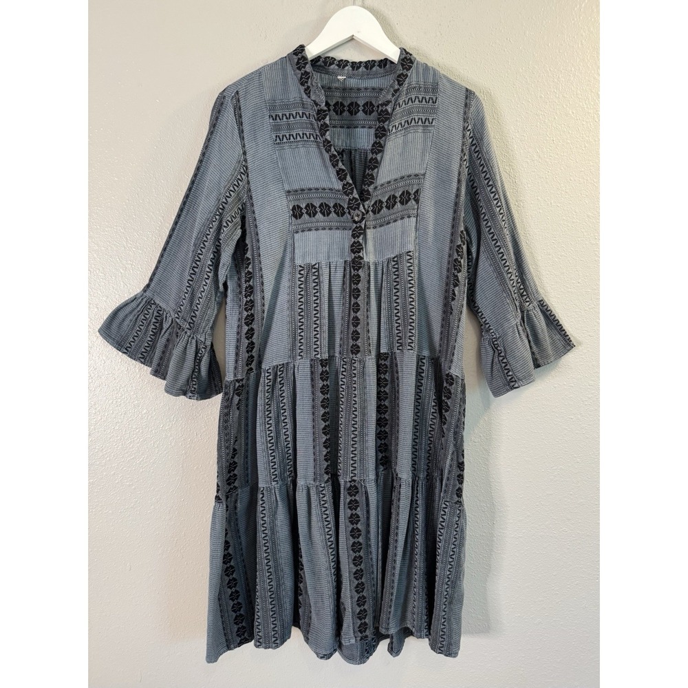 Boho Tiered Midi Dress Blue-Gray Black Geometric Print Bell Sleeve Peasant M